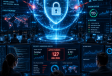 AI in Cybersecurity : A futuristic cybersecurity operations center where AI holograms shield a glowing digital globe from cyberattacks, while security analysts monitor live threat dashboards.