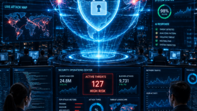 AI in Cybersecurity : A futuristic cybersecurity operations center where AI holograms shield a glowing digital globe from cyberattacks, while security analysts monitor live threat dashboards.