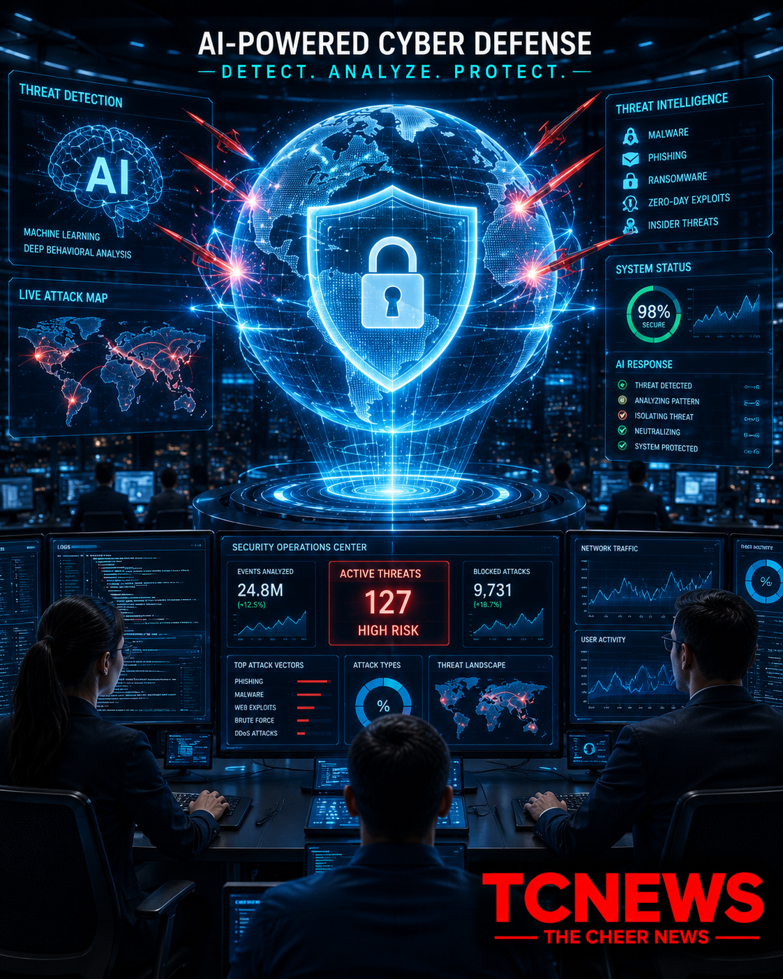 AI in Cybersecurity : A futuristic cybersecurity operations center where AI holograms shield a glowing digital globe from cyberattacks, while security analysts monitor live threat dashboards.