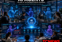 A futuristic corporate headquarters where human professionals collaborate with multiple holographic AI agents managing finance, software development, customer service, cybersecurity, and research.