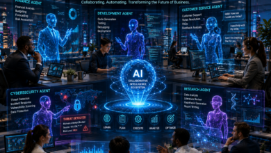 A futuristic corporate headquarters where human professionals collaborate with multiple holographic AI agents managing finance, software development, customer service, cybersecurity, and research.