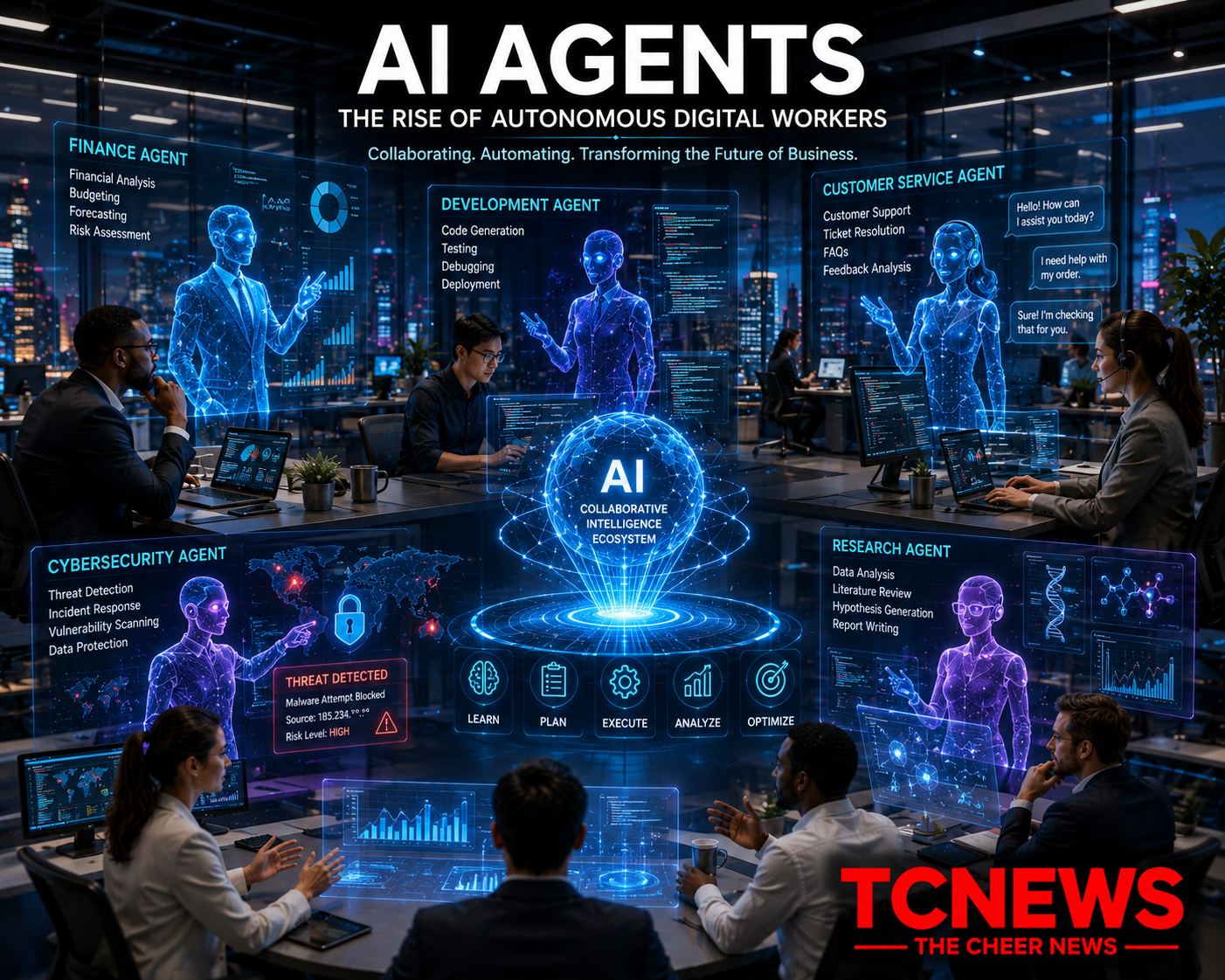 A futuristic corporate headquarters where human professionals collaborate with multiple holographic AI agents managing finance, software development, customer service, cybersecurity, and research.