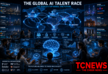 A futuristic global AI talent command centre showing a glowing digital world map connected to major AI hubs in the United States, China, India, Europe, Singapore, Canada and Africa. Show diverse AI researchers, engineers and entrepreneurs working around holographic neural networks, AI models, advanced chips and data-centre infrastructure. Use glowing data streams to represent researchers moving between countries, with visual indicators for “TALENT → RESEARCH → INNOVATION → AI POWER.” Include subtle university laboratories, technology companies and AI research centres in the background.
