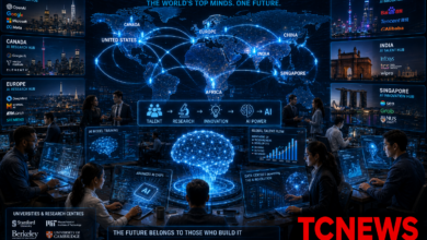 A futuristic global AI talent command centre showing a glowing digital world map connected to major AI hubs in the United States, China, India, Europe, Singapore, Canada and Africa. Show diverse AI researchers, engineers and entrepreneurs working around holographic neural networks, AI models, advanced chips and data-centre infrastructure. Use glowing data streams to represent researchers moving between countries, with visual indicators for “TALENT → RESEARCH → INNOVATION → AI POWER.” Include subtle university laboratories, technology companies and AI research centres in the background.