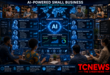 A futuristic small-business command centre where a diverse group of entrepreneurs works alongside holographic AI assistants. Show AI systems handling marketing, customer service, sales analytics, accounting, inventory, research and workflow automation, with a glowing business dashboard showing productivity and revenue growth. Connect the different functions through an intelligent digital network and include subtle global elements representing small businesses in Africa, Asia, Europe and North America.