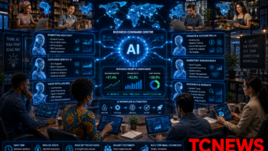 A futuristic small-business command centre where a diverse group of entrepreneurs works alongside holographic AI assistants. Show AI systems handling marketing, customer service, sales analytics, accounting, inventory, research and workflow automation, with a glowing business dashboard showing productivity and revenue growth. Connect the different functions through an intelligent digital network and include subtle global elements representing small businesses in Africa, Asia, Europe and North America.