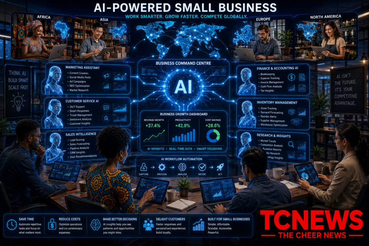 A futuristic small-business command centre where a diverse group of entrepreneurs works alongside holographic AI assistants. Show AI systems handling marketing, customer service, sales analytics, accounting, inventory, research and workflow automation, with a glowing business dashboard showing productivity and revenue growth. Connect the different functions through an intelligent digital network and include subtle global elements representing small businesses in Africa, Asia, Europe and North America.