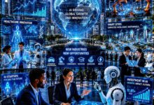 AI Economy: A futuristic global business district where human professionals and AI-powered humanoid assistants collaborate amid holographic financial charts, digital factories, robotic automation, healthcare innovation, and smart city skylines.