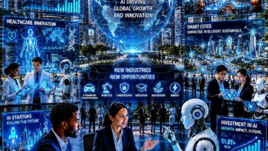 AI Economy: A futuristic global business district where human professionals and AI-powered humanoid assistants collaborate amid holographic financial charts, digital factories, robotic automation, healthcare innovation, and smart city skylines.