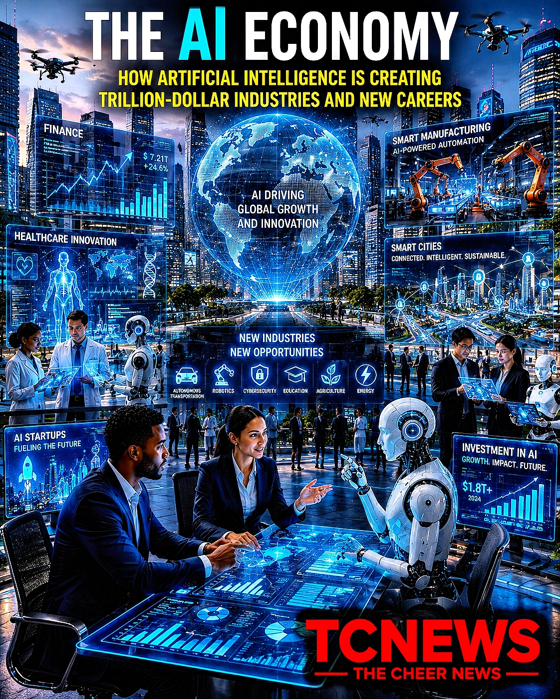 AI Economy: A futuristic global business district where human professionals and AI-powered humanoid assistants collaborate amid holographic financial charts, digital factories, robotic automation, healthcare innovation, and smart city skylines.