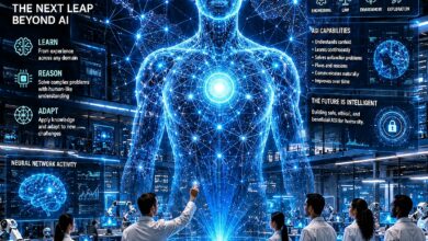 Artificial General Intelligence: A futuristic AI research laboratory where scientists stand before a towering holographic humanoid intelligence connected to a glowing neural network spanning the globe.