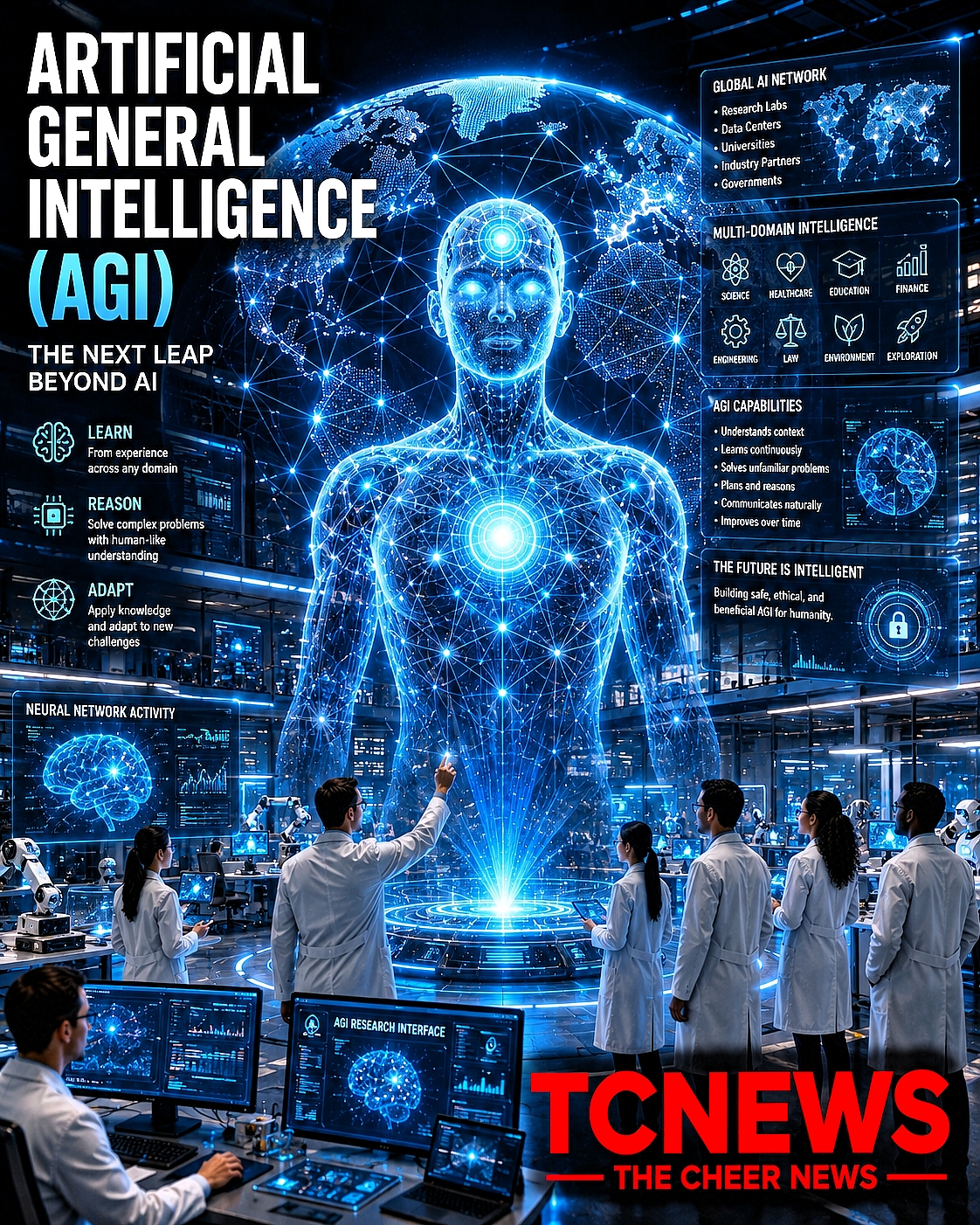 Artificial General Intelligence: A futuristic AI research laboratory where scientists stand before a towering holographic humanoid intelligence connected to a glowing neural network spanning the globe.