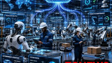 Physical AI: A futuristic smart factory where human engineers work alongside advanced humanoid robots powered by glowing AI neural networks, with autonomous machines handling manufacturing, logistics and quality control while holographic data streams connect the robots to a global AI cloud.