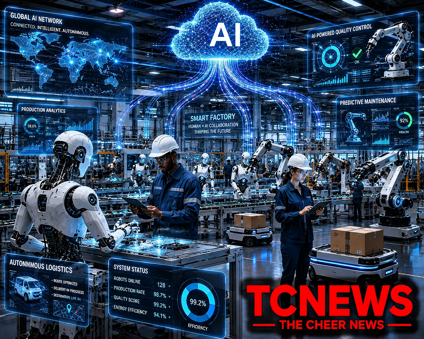 Physical AI: A futuristic smart factory where human engineers work alongside advanced humanoid robots powered by glowing AI neural networks, with autonomous machines handling manufacturing, logistics and quality control while holographic data streams connect the robots to a global AI cloud.