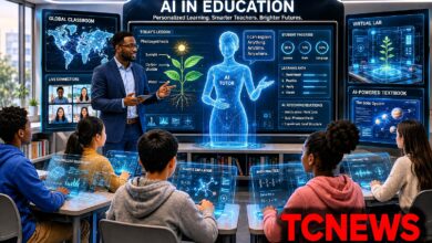 AI in education: A futuristic classroom where a human teacher works alongside a holographic AI tutor while students interact with personalized digital learning displays, virtual laboratories, AI-powered textbooks and interactive educational dashboards.