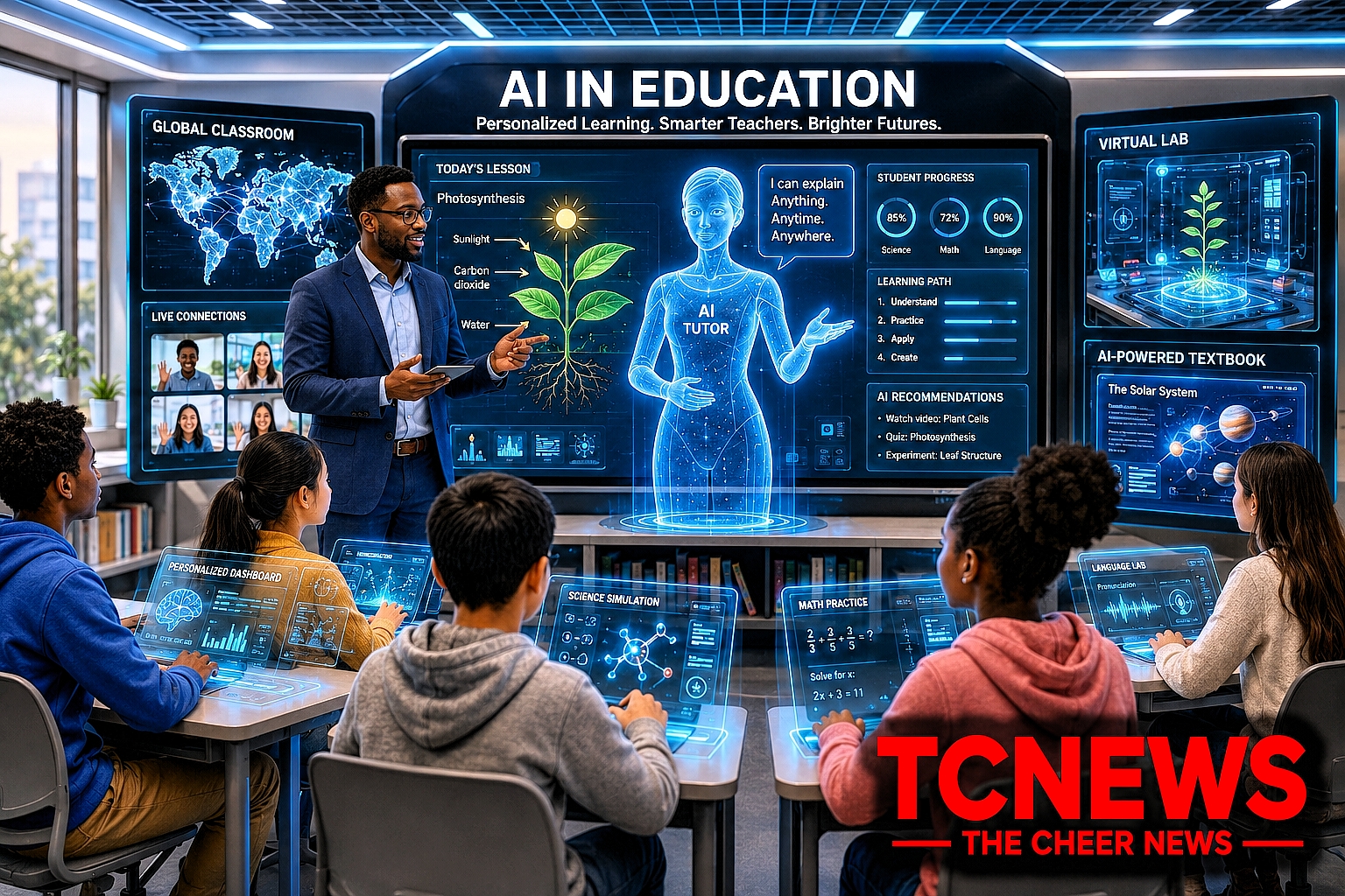 AI in education: A futuristic classroom where a human teacher works alongside a holographic AI tutor while students interact with personalized digital learning displays, virtual laboratories, AI-powered textbooks and interactive educational dashboards.