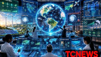 AI and Climate Change: A futuristic global climate command centre where scientists and AI systems monitor a glowing digital Earth, with holographic climate maps, renewable-energy grids, wind turbines, solar farms, satellites, smart agriculture and AI data streams surrounding the planet.