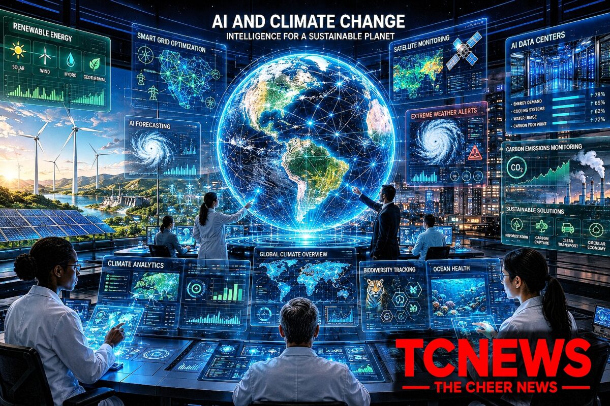 AI and Climate Change: A futuristic global climate command centre where scientists and AI systems monitor a glowing digital Earth, with holographic climate maps, renewable-energy grids, wind turbines, solar farms, satellites, smart agriculture and AI data streams surrounding the planet.