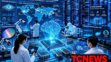 AI Chips: A futuristic semiconductor research and AI data-centre facility where engineers examine a giant glowing AI processor connected to high-bandwidth memory modules, advanced chip wafers, holographic neural networks and massive AI servers.