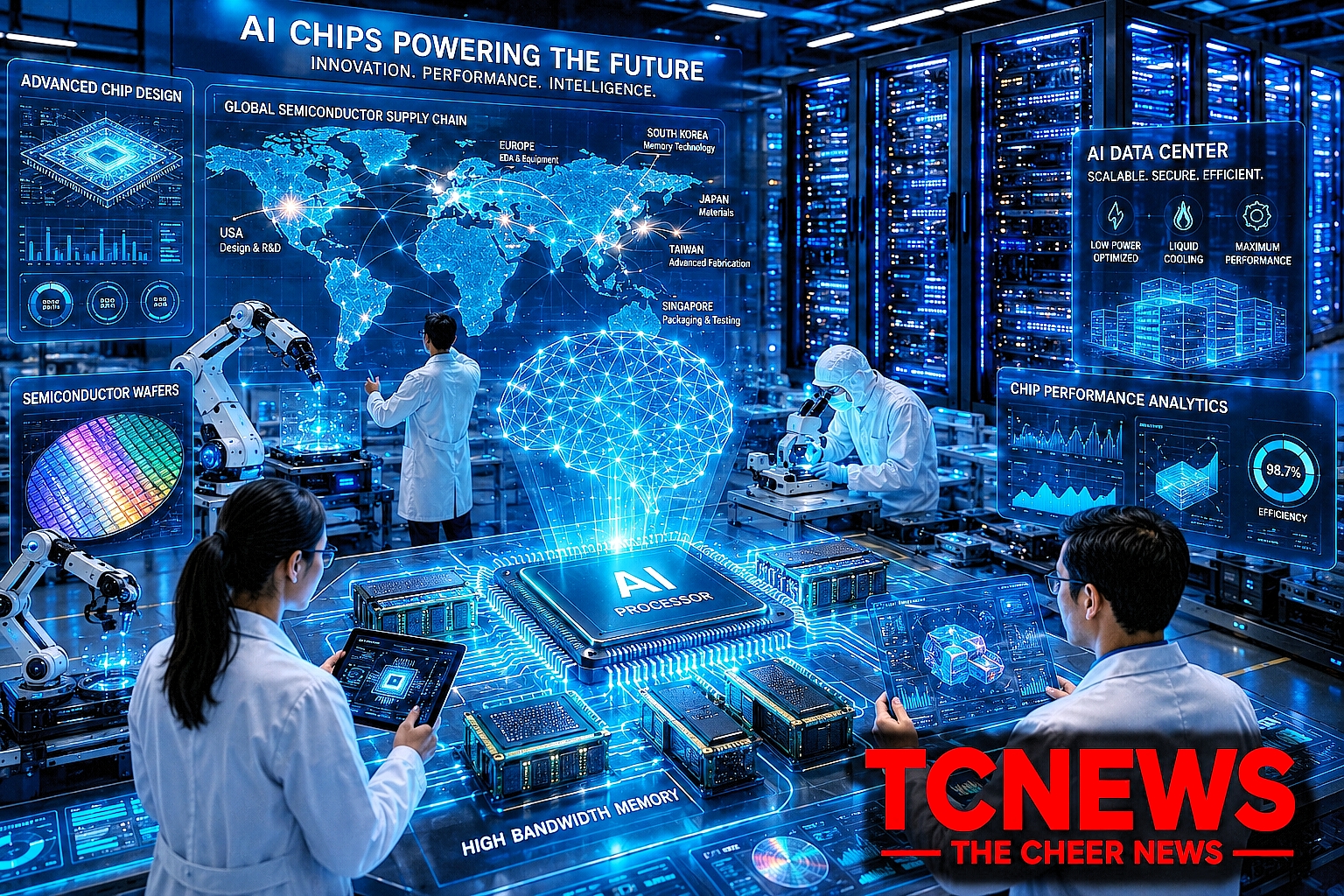 AI Chips: A futuristic semiconductor research and AI data-centre facility where engineers examine a giant glowing AI processor connected to high-bandwidth memory modules, advanced chip wafers, holographic neural networks and massive AI servers.