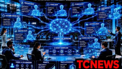 AI Agents: A futuristic corporate headquarters where human professionals collaborate with a team of sophisticated holographic AI agents. Show specialized AI agents handling research, software development, finance, customer service, cybersecurity, logistics and business analytics, connected through a glowing digital neural network. Include holographic workflow arrows showing AI agents planning, executing and completing tasks independently. Include the TCNEWS logo in bold red at the bottom-right corner.