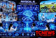 Physical AI: A futuristic global robotics laboratory where human engineers collaborate with advanced humanoid and industrial robots. Show robots working in a smart factory, autonomous warehouse, agricultural field and healthcare environment, all connected through glowing AI neural networks and digital twin simulations. Include holographic displays showing “PERCEIVE → REASON → PLAN → ACT” to represent Physical AI. Include the TCNEWS logo in bold red at the bottom-right corner.