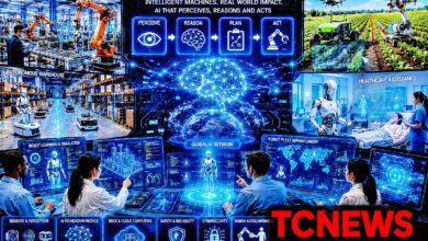 Physical AI: A futuristic global robotics laboratory where human engineers collaborate with advanced humanoid and industrial robots. Show robots working in a smart factory, autonomous warehouse, agricultural field and healthcare environment, all connected through glowing AI neural networks and digital twin simulations. Include holographic displays showing “PERCEIVE → REASON → PLAN → ACT” to represent Physical AI. Include the TCNEWS logo in bold red at the bottom-right corner.