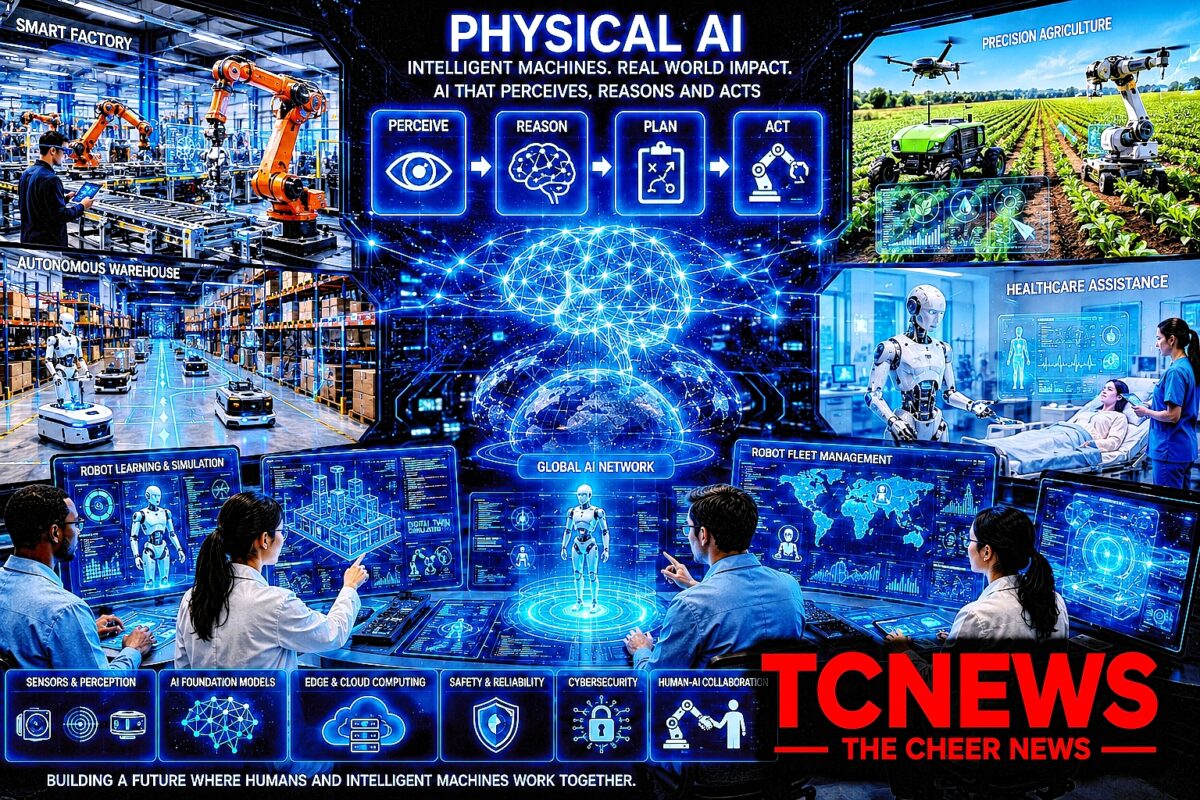 Physical AI: A futuristic global robotics laboratory where human engineers collaborate with advanced humanoid and industrial robots. Show robots working in a smart factory, autonomous warehouse, agricultural field and healthcare environment, all connected through glowing AI neural networks and digital twin simulations. Include holographic displays showing “PERCEIVE → REASON → PLAN → ACT” to represent Physical AI. Include the TCNEWS logo in bold red at the bottom-right corner.